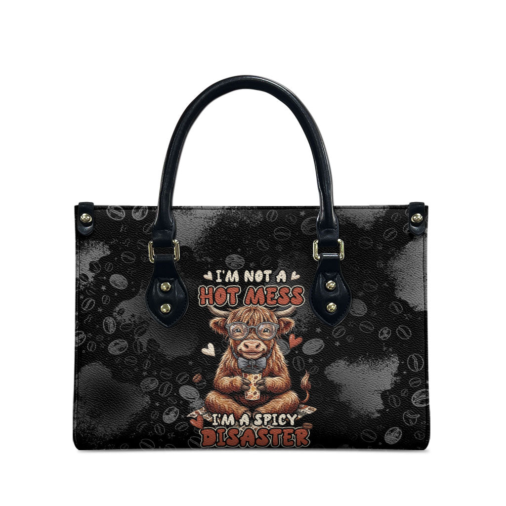 Hot Mess Highland Cow Leather Bag Funny Cute Coffee Lover - Im A Spicy Disaster