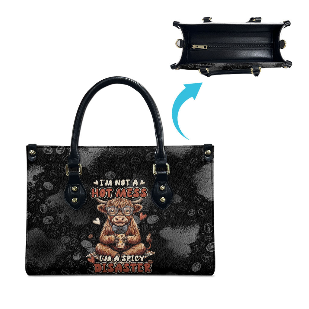 Hot Mess Highland Cow Leather Bag Funny Cute Coffee Lover - Im A Spicy Disaster