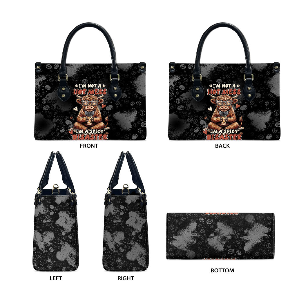 Hot Mess Highland Cow Leather Bag Funny Cute Coffee Lover - Im A Spicy Disaster