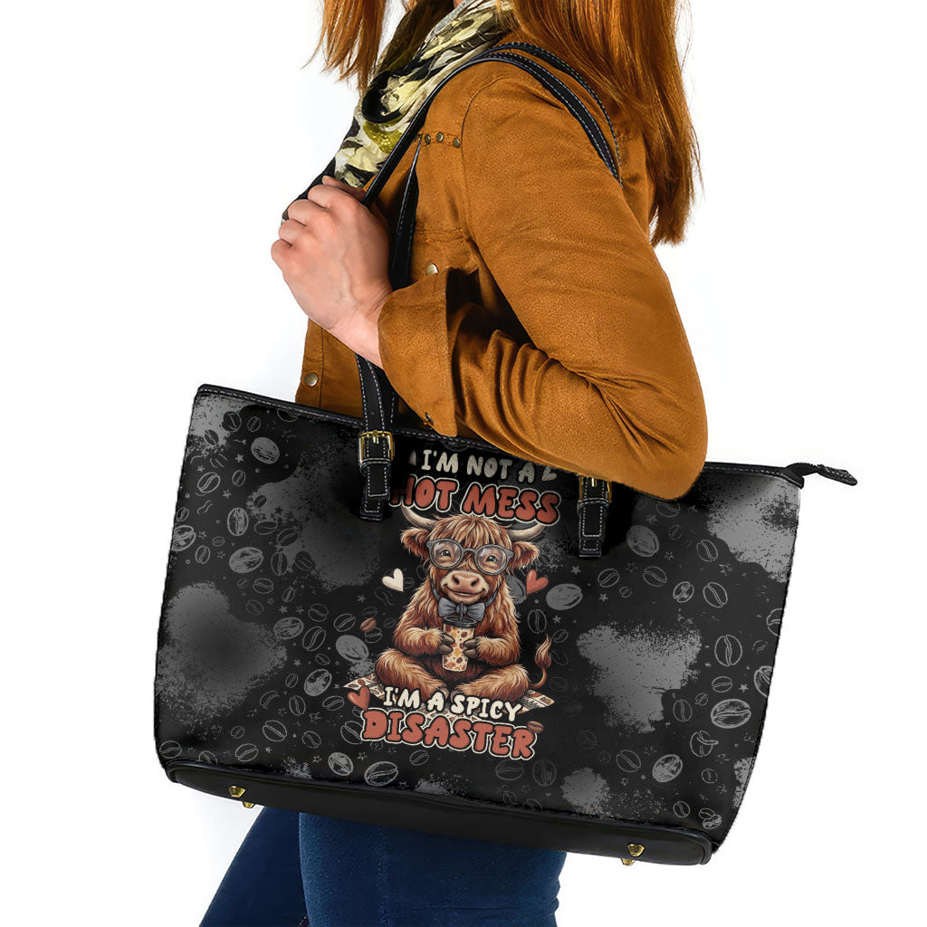 Hot Mess Highland Cow Leather Tote Bag Funny Cute Coffee Lover - Im A Spicy Disaster