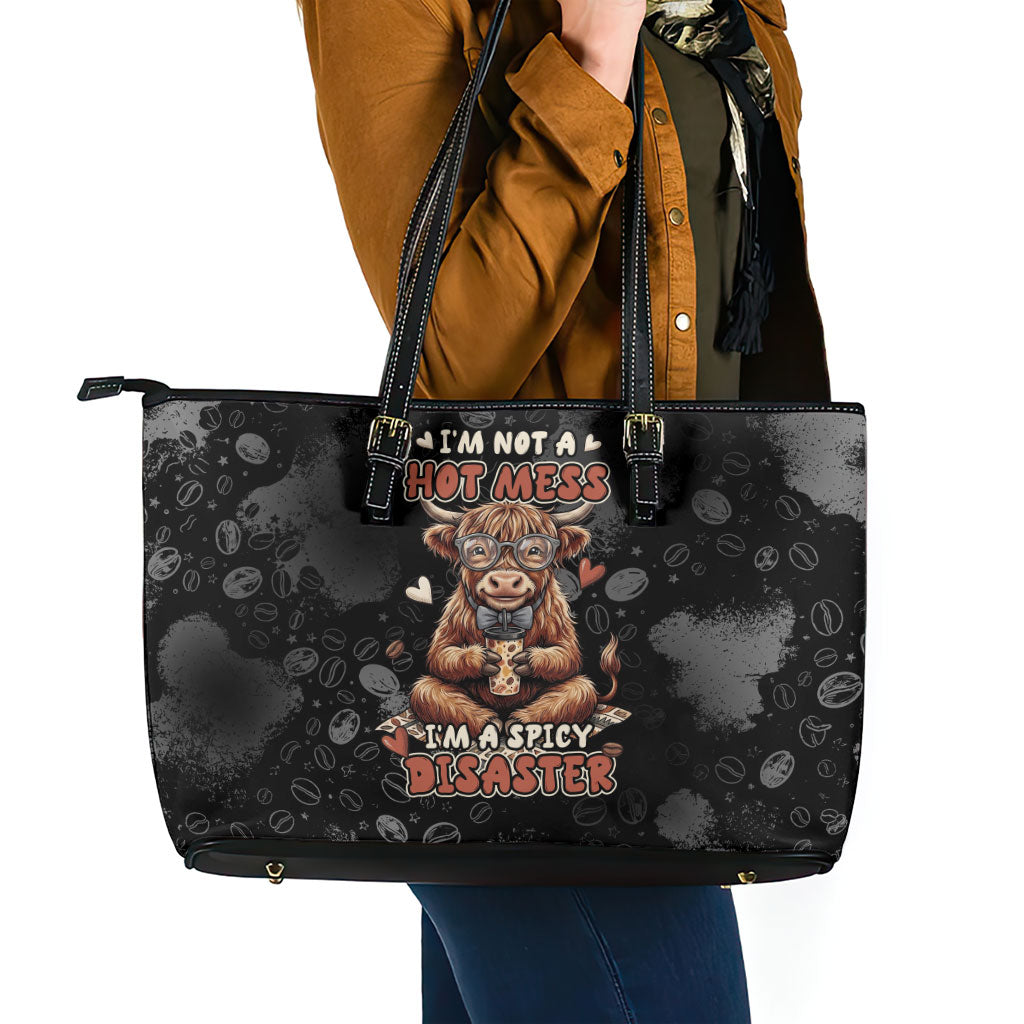 Hot Mess Highland Cow Leather Tote Bag Funny Cute Coffee Lover - Im A Spicy Disaster