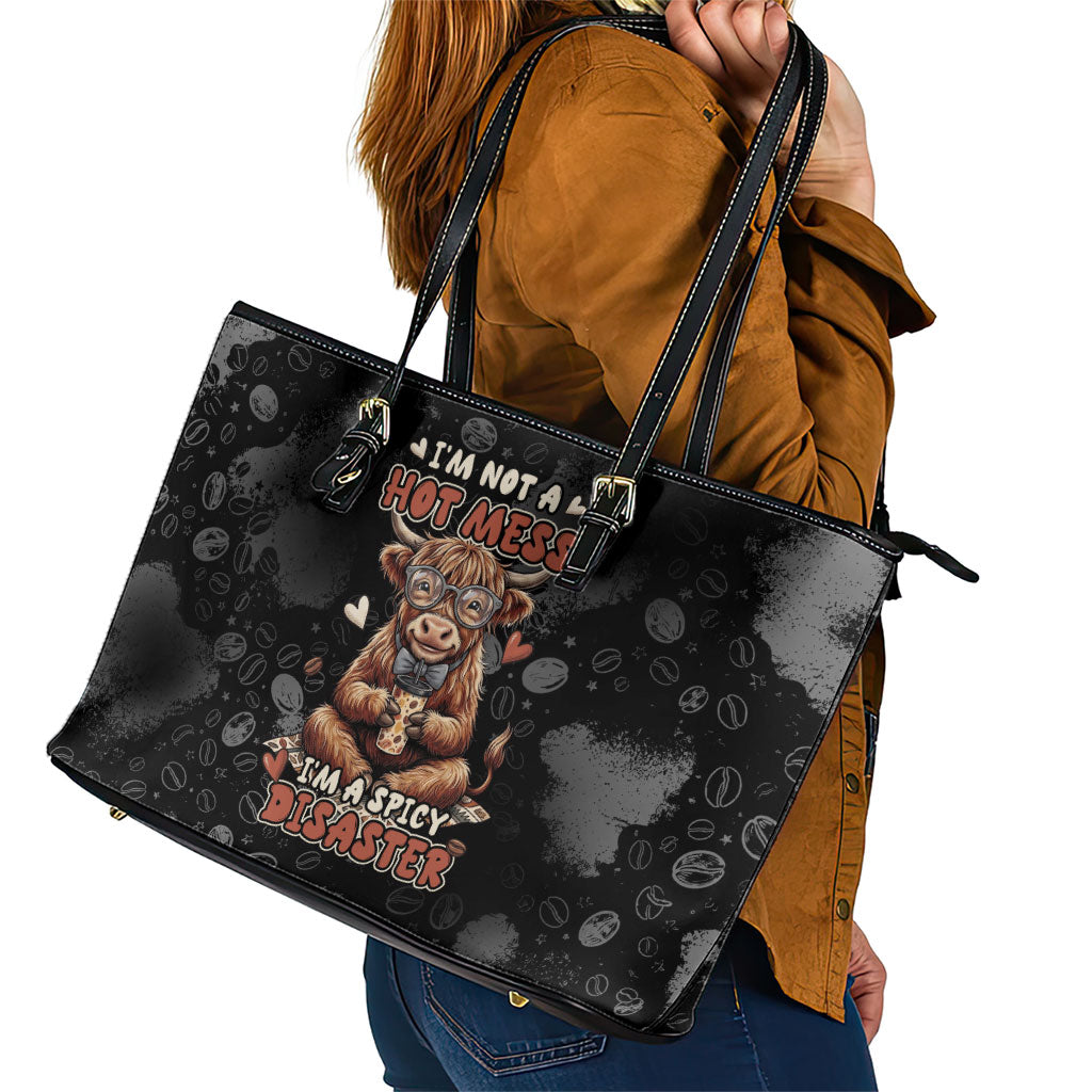 Hot Mess Highland Cow Leather Tote Bag Funny Cute Coffee Lover - Im A Spicy Disaster