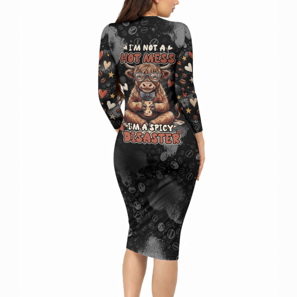 Hot Mess Highland Cow Long Sleeve Bodycon Dress Funny Cute Coffee Lover - Im A Spicy Disaster