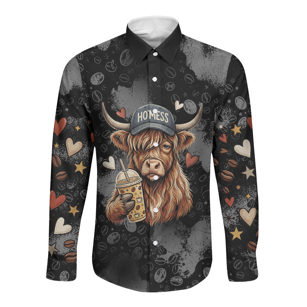 Hot Mess Highland Cow Long Sleeve Button Shirt Funny Cute Coffee Lover - Im A Spicy Disaster