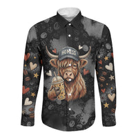 Hot Mess Highland Cow Long Sleeve Button Shirt Funny Cute Coffee Lover - Im A Spicy Disaster