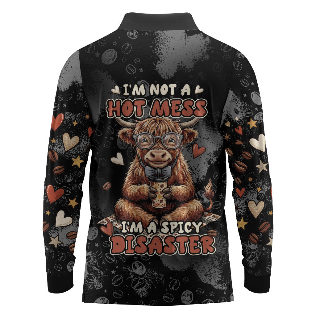 Hot Mess Highland Cow Long Sleeve Polo Shirt Funny Cute Coffee Lover - Im A Spicy Disaster