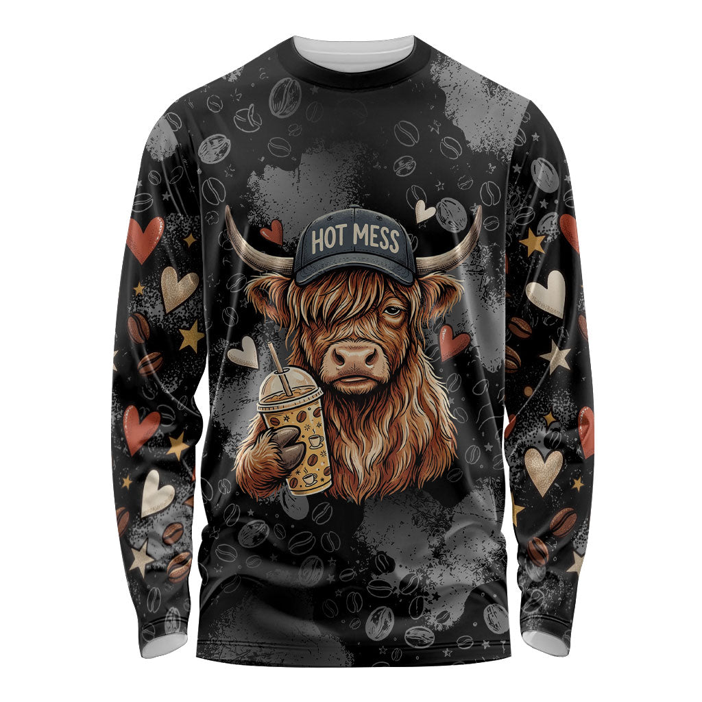 Hot Mess Highland Cow Long Sleeve Shirt Funny Cute Coffee Lover - Im A Spicy Disaster