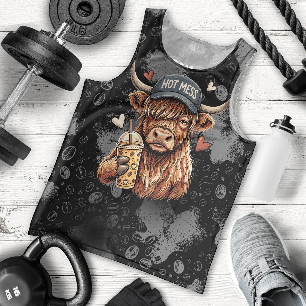 Hot Mess Highland Cow Men Tank Top Funny Cute Coffee Lover - Im A Spicy Disaster