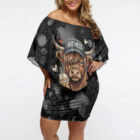 Hot Mess Highland Cow Off Shoulder Short Dress Funny Cute Coffee Lover - Im A Spicy Disaster