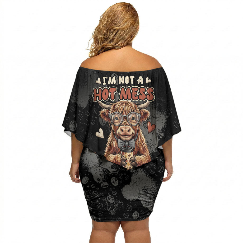 Hot Mess Highland Cow Off Shoulder Short Dress Funny Cute Coffee Lover - Im A Spicy Disaster