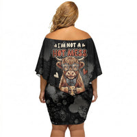 Hot Mess Highland Cow Off Shoulder Short Dress Funny Cute Coffee Lover - Im A Spicy Disaster
