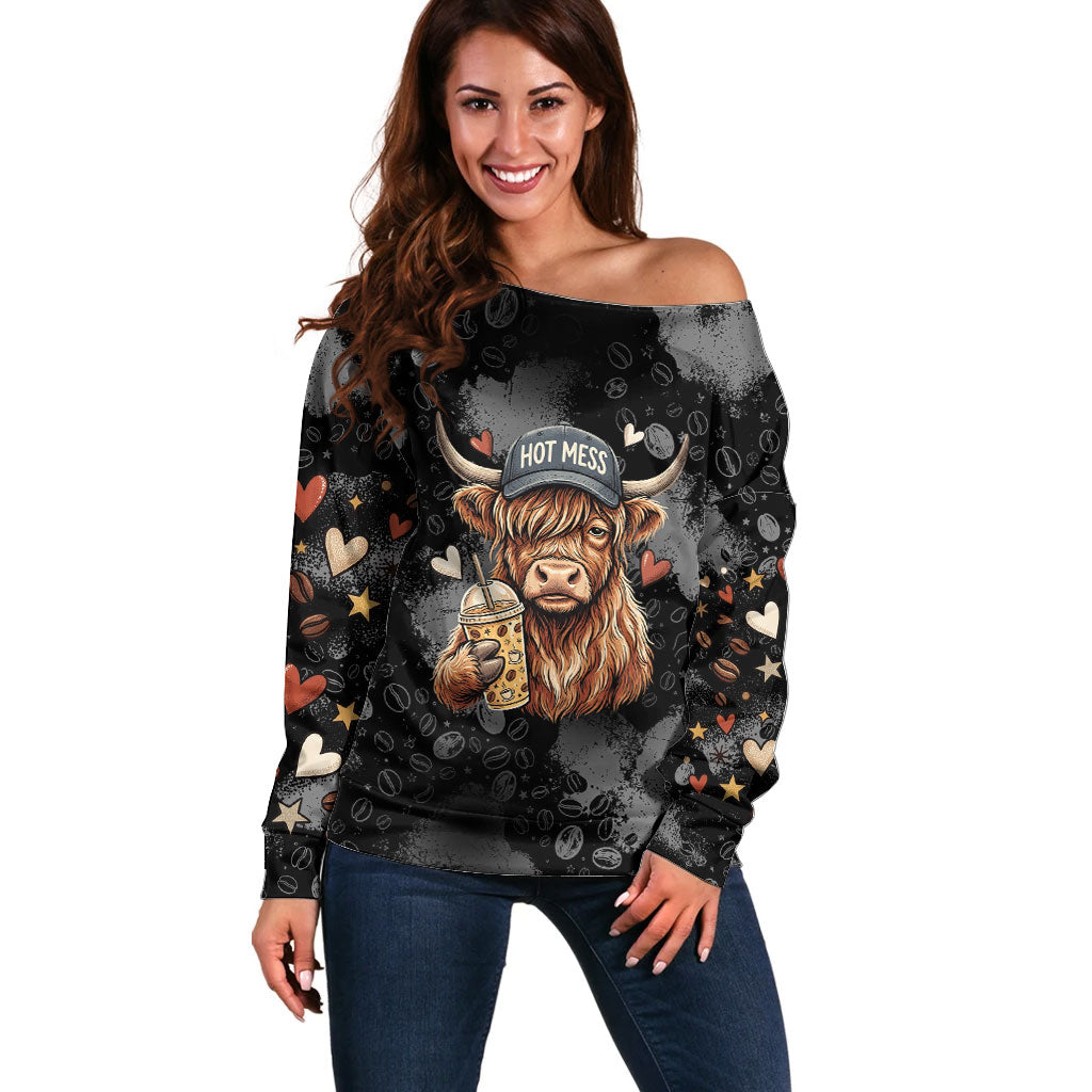 Hot Mess Highland Cow Off Shoulder Sweater Funny Cute Coffee Lover - Im A Spicy Disaster