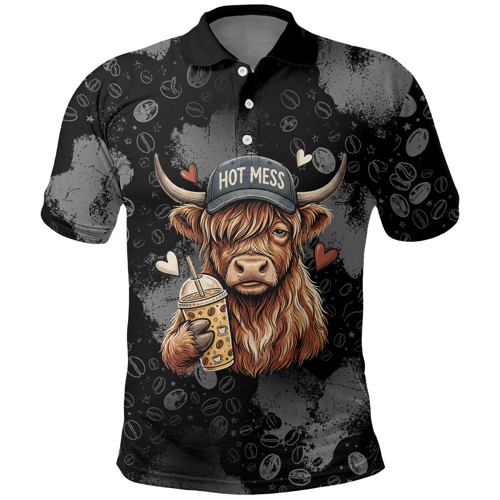 Hot Mess Highland Cow Polo Shirt Funny Cute Coffee Lover - Im A Spicy Disaster