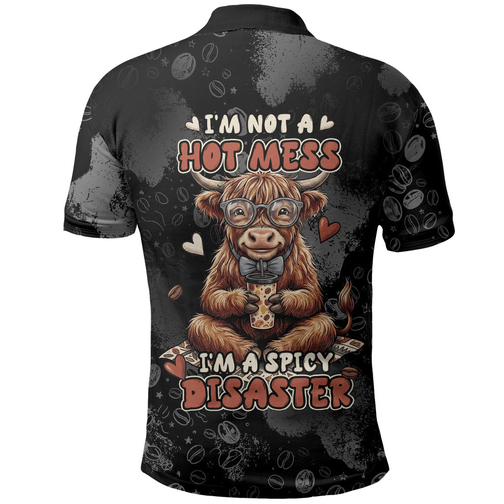 Hot Mess Highland Cow Polo Shirt Funny Cute Coffee Lover - Im A Spicy Disaster