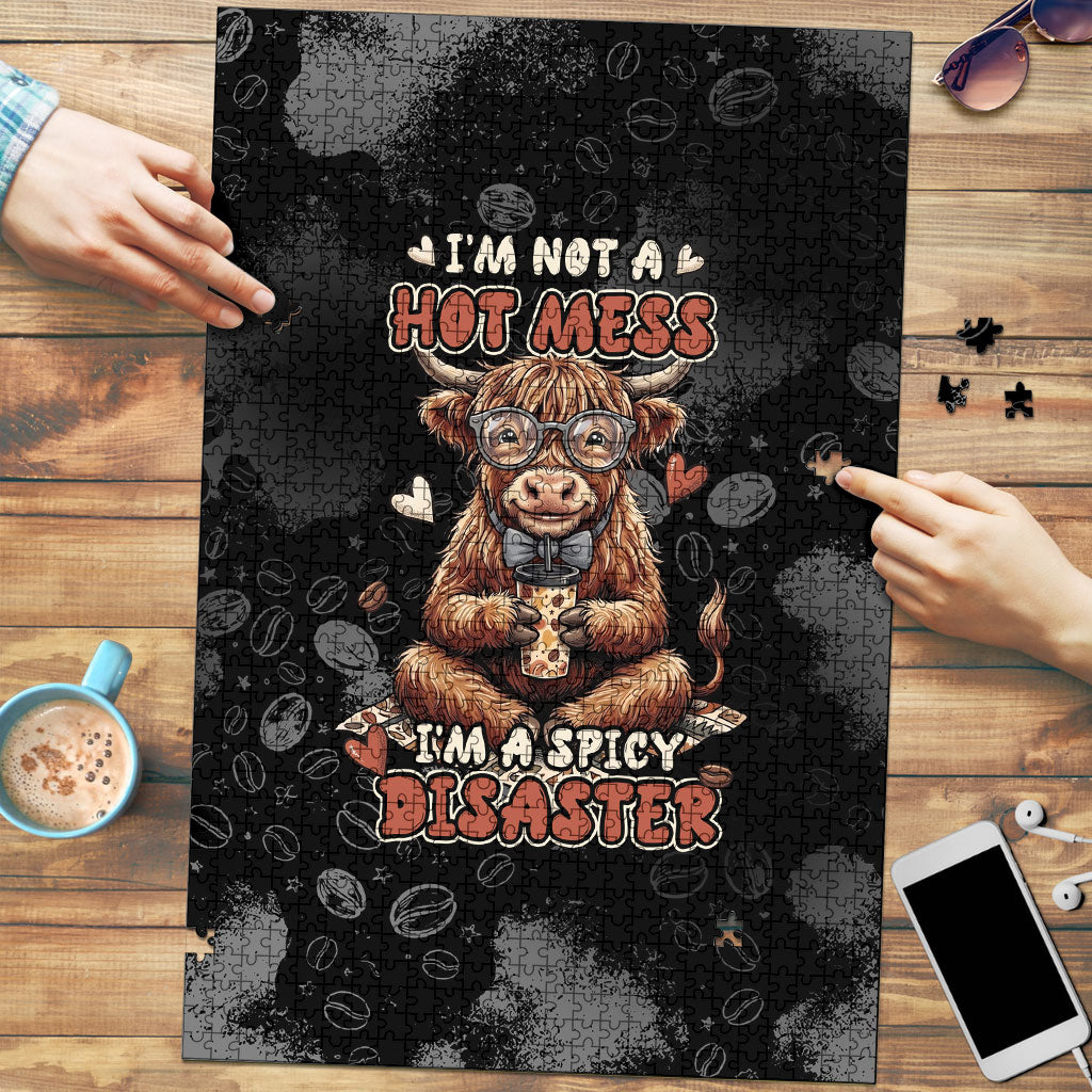 Hot Mess Highland Cow Puzzle Funny Cute Coffee Lover - Im A Spicy Disaster