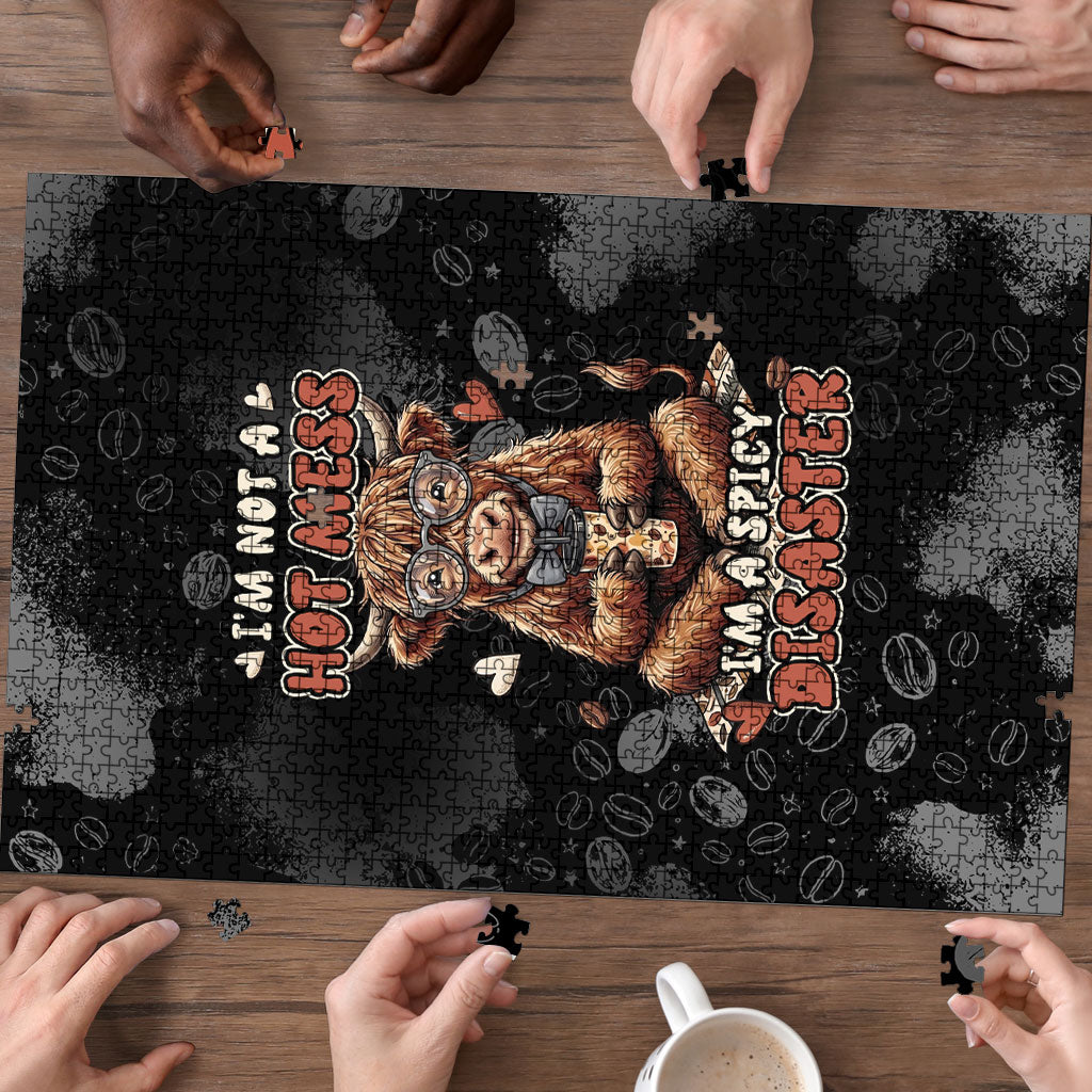 Hot Mess Highland Cow Puzzle Funny Cute Coffee Lover - Im A Spicy Disaster
