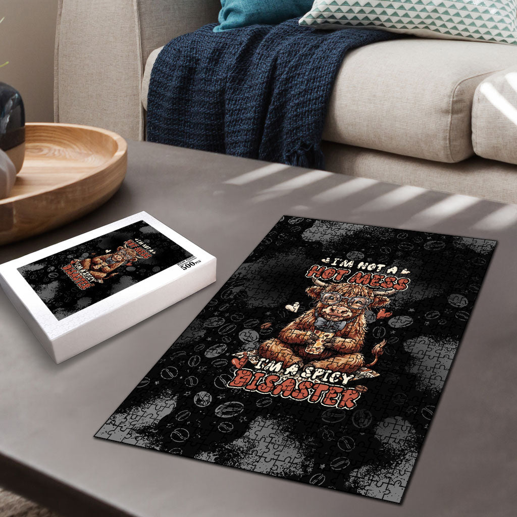 Hot Mess Highland Cow Puzzle Funny Cute Coffee Lover - Im A Spicy Disaster
