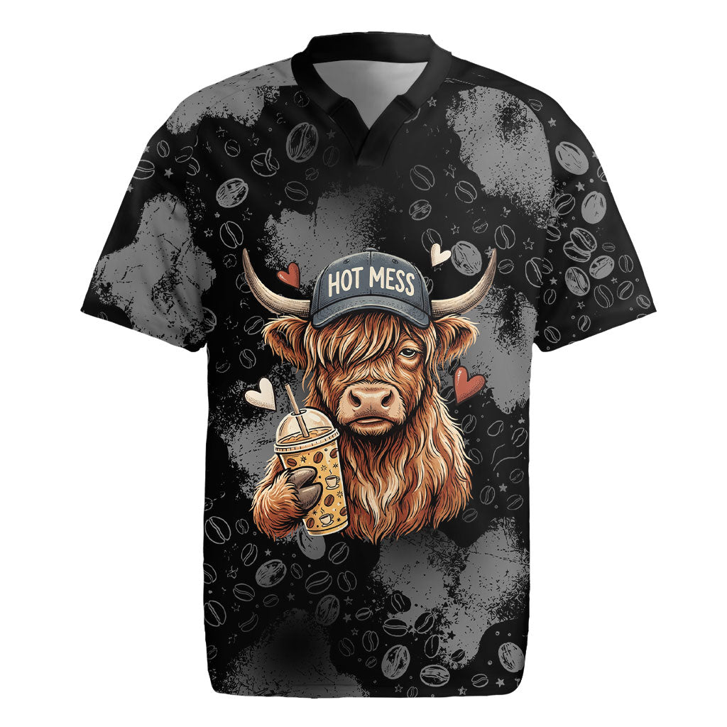 Hot Mess Highland Cow Rugby Jersey Funny Cute Coffee Lover - Im A Spicy Disaster