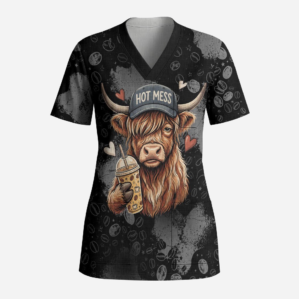 Hot Mess Highland Cow Scrub Top Funny Cute Coffee Lover - Im A Spicy Disaster