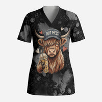 Hot Mess Highland Cow Scrub Top Funny Cute Coffee Lover - Im A Spicy Disaster