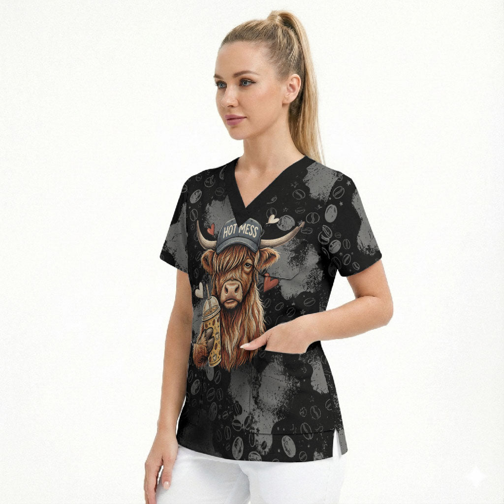 Hot Mess Highland Cow Scrub Top Funny Cute Coffee Lover - Im A Spicy Disaster