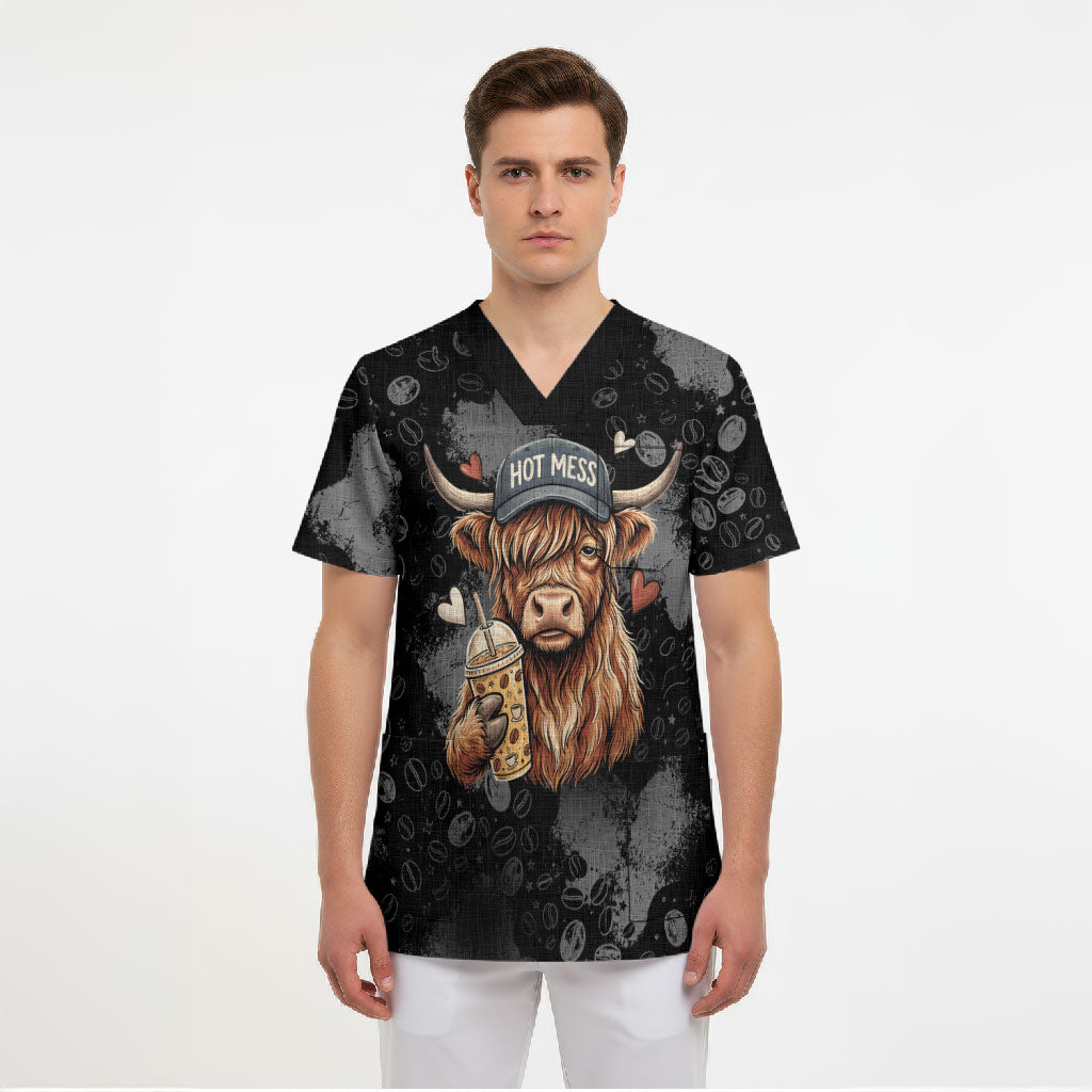 Hot Mess Highland Cow Scrub Top Funny Cute Coffee Lover - Im A Spicy Disaster