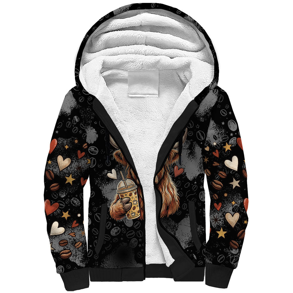 Hot Mess Highland Cow Sherpa Hoodie Funny Cute Coffee Lover - Im A Spicy Disaster