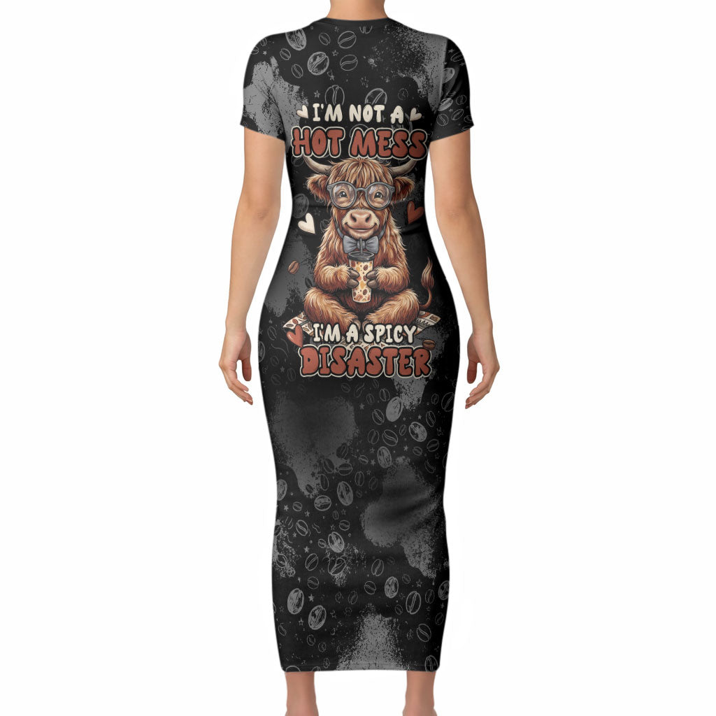 Hot Mess Highland Cow Short Sleeve Bodycon Dress Funny Cute Coffee Lover - Im A Spicy Disaster