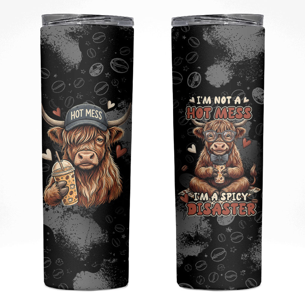 Hot Mess Highland Cow Skinny Tumbler Funny Cute Coffee Lover - Im A Spicy Disaster