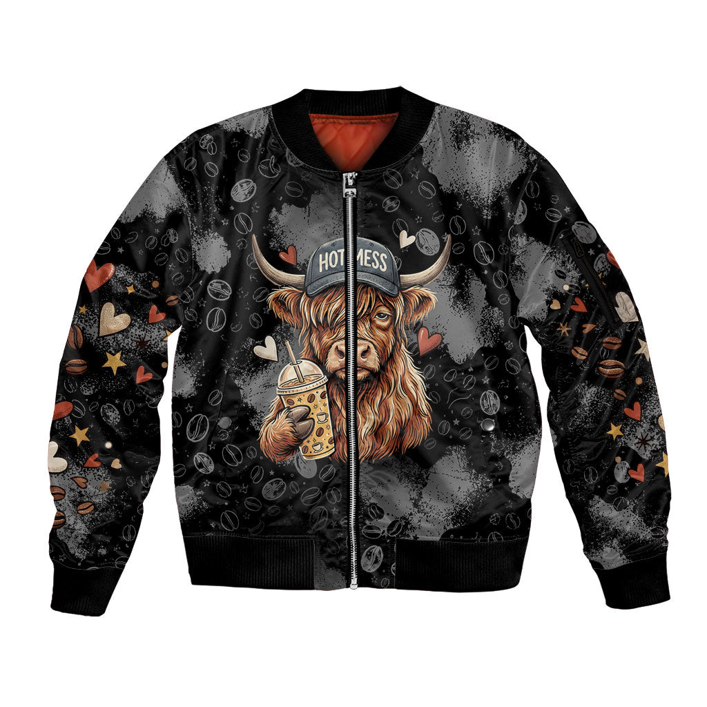 Hot Mess Highland Cow Sleeve Zip Bomber Jacket Funny Cute Coffee Lover - Im A Spicy Disaster