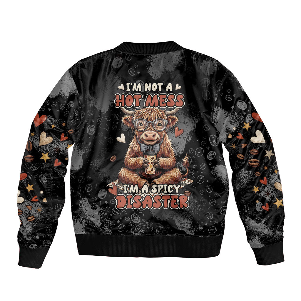 Hot Mess Highland Cow Sleeve Zip Bomber Jacket Funny Cute Coffee Lover - Im A Spicy Disaster