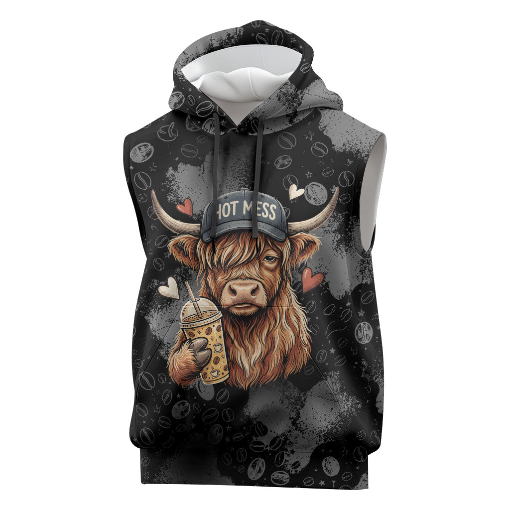 Hot Mess Highland Cow Sleeveless Hoodie Funny Cute Coffee Lover - Im A Spicy Disaster