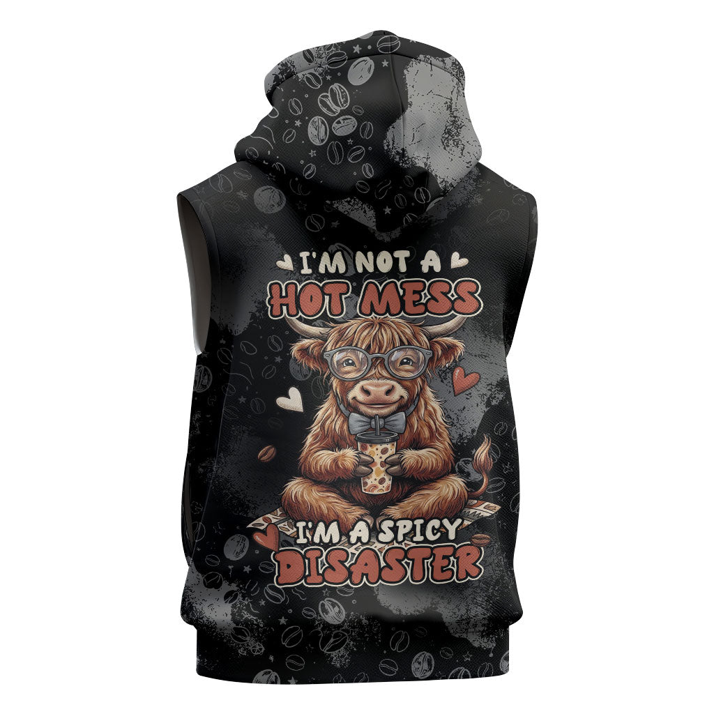 Hot Mess Highland Cow Sleeveless Hoodie Funny Cute Coffee Lover - Im A Spicy Disaster