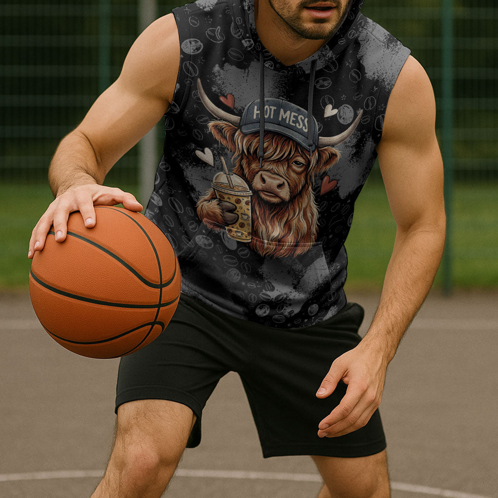 Hot Mess Highland Cow Sleeveless Hoodie Funny Cute Coffee Lover - Im A Spicy Disaster