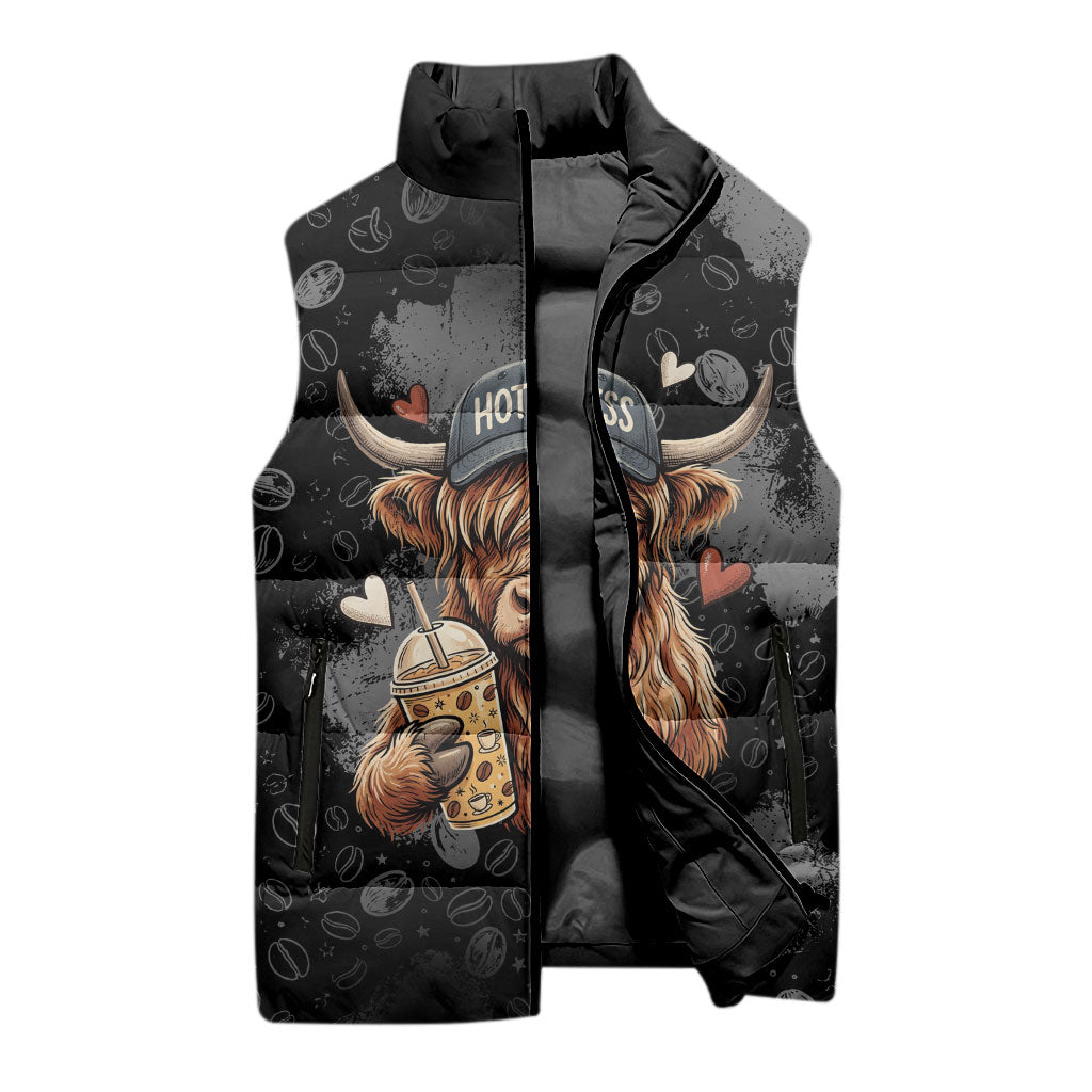 Hot Mess Highland Cow Sleeveless Puffer Jacket Funny Cute Coffee Lover - Im A Spicy Disaster