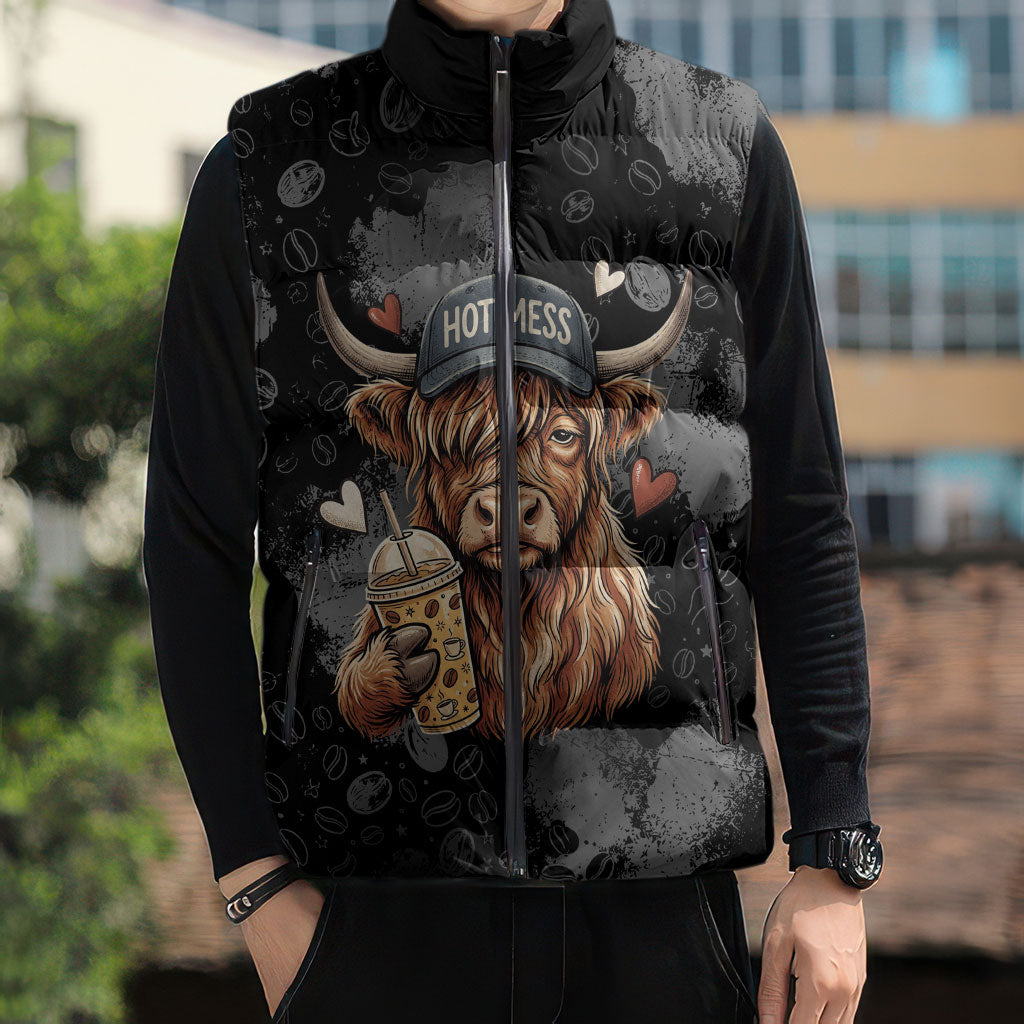 Hot Mess Highland Cow Sleeveless Puffer Jacket Funny Cute Coffee Lover - Im A Spicy Disaster