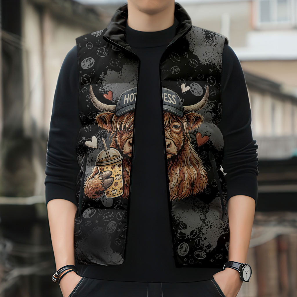 Hot Mess Highland Cow Sleeveless Puffer Jacket Funny Cute Coffee Lover - Im A Spicy Disaster