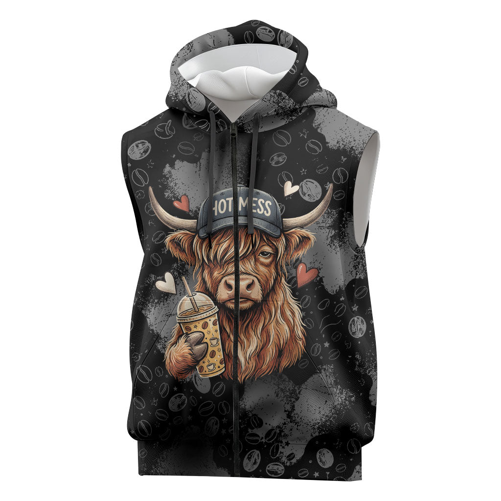 Hot Mess Highland Cow Sleeveless Zip Hoodie Funny Cute Coffee Lover - Im A Spicy Disaster
