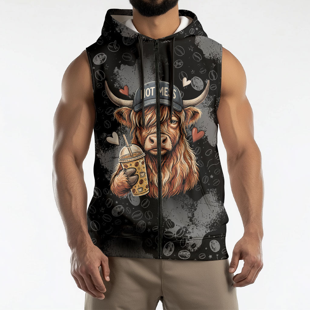 Hot Mess Highland Cow Sleeveless Zip Hoodie Funny Cute Coffee Lover - Im A Spicy Disaster