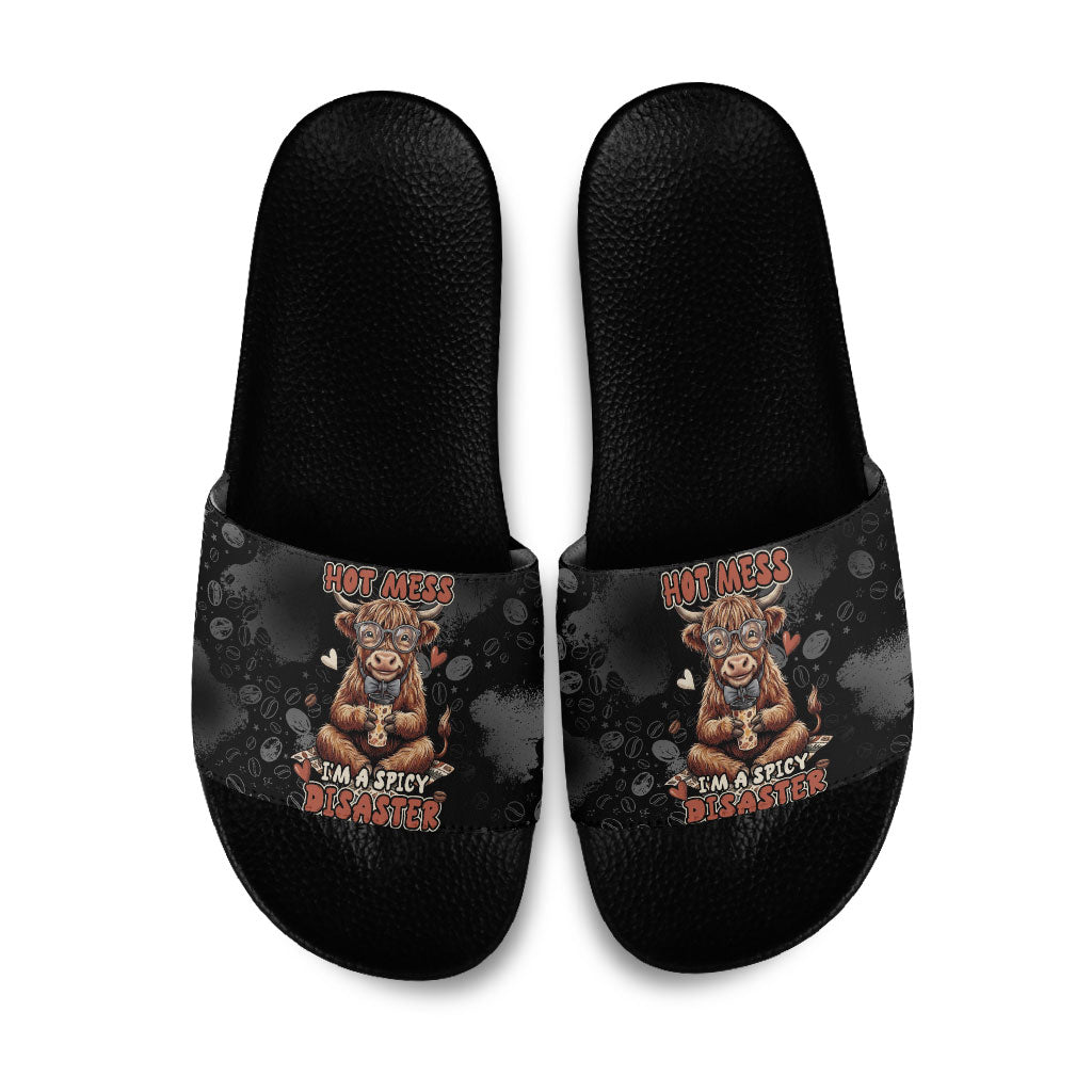 Hot Mess Highland Cow Slide Sandals Funny Cute Coffee Lover - Im A Spicy Disaster