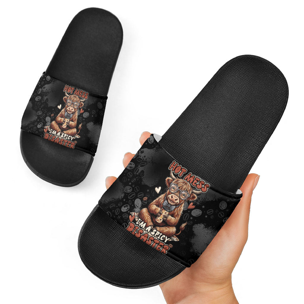 Hot Mess Highland Cow Slide Sandals Funny Cute Coffee Lover - Im A Spicy Disaster