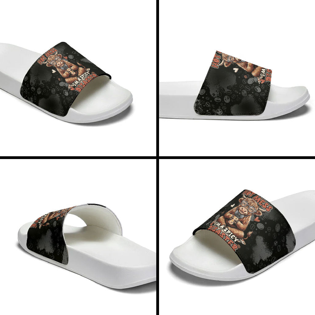 Hot Mess Highland Cow Slide Sandals Funny Cute Coffee Lover - Im A Spicy Disaster