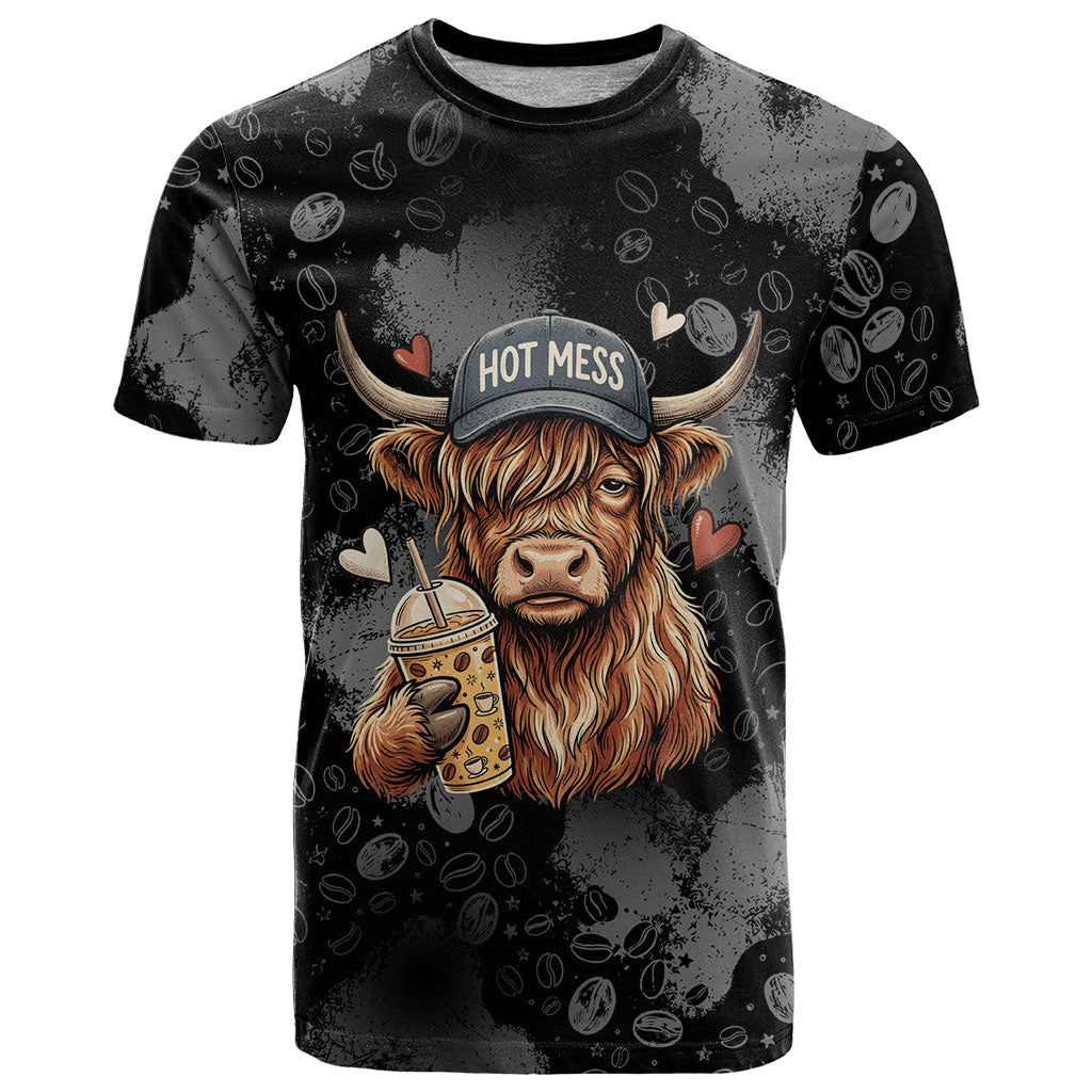 Hot Mess Highland Cow T Shirt Funny Cute Coffee Lover - Im A Spicy Disaster