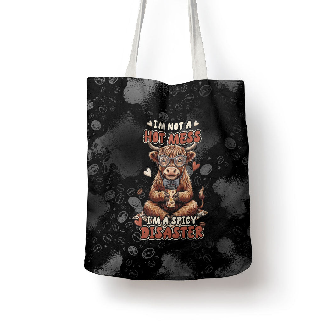 Hot Mess Highland Cow Tote Bag Funny Cute Coffee Lover - Im A Spicy Disaster