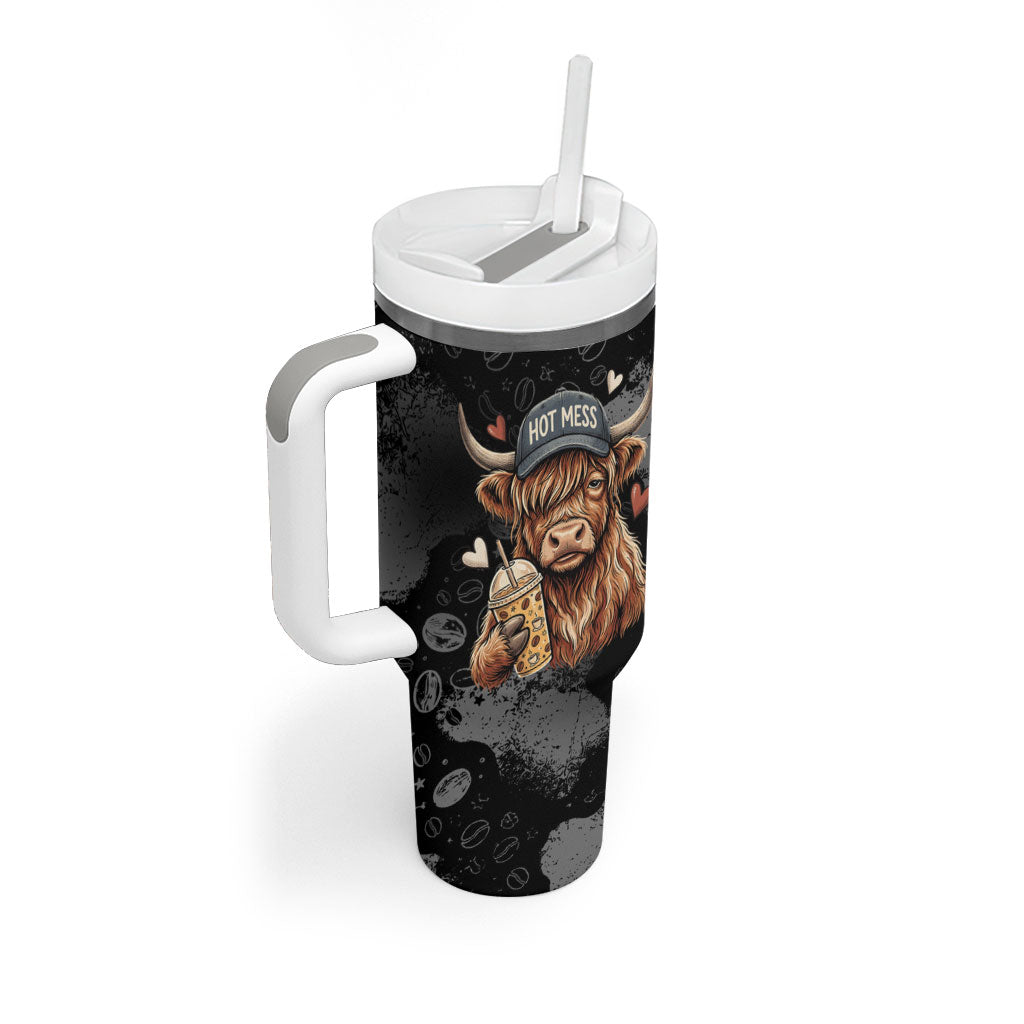 Hot Mess Highland Cow Tumbler With Handle Funny Cute Coffee Lover - Im A Spicy Disaster