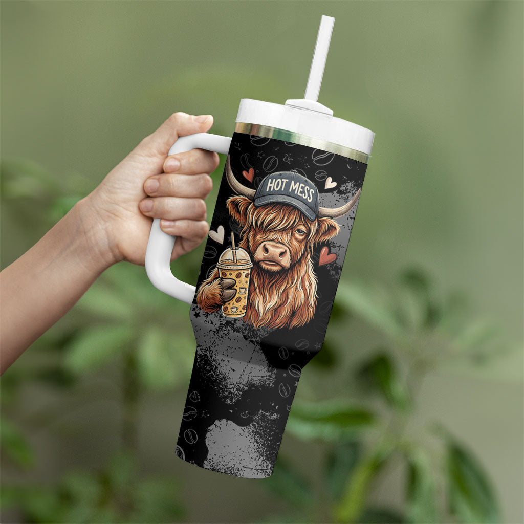 Hot Mess Highland Cow Tumbler With Handle Funny Cute Coffee Lover - Im A Spicy Disaster
