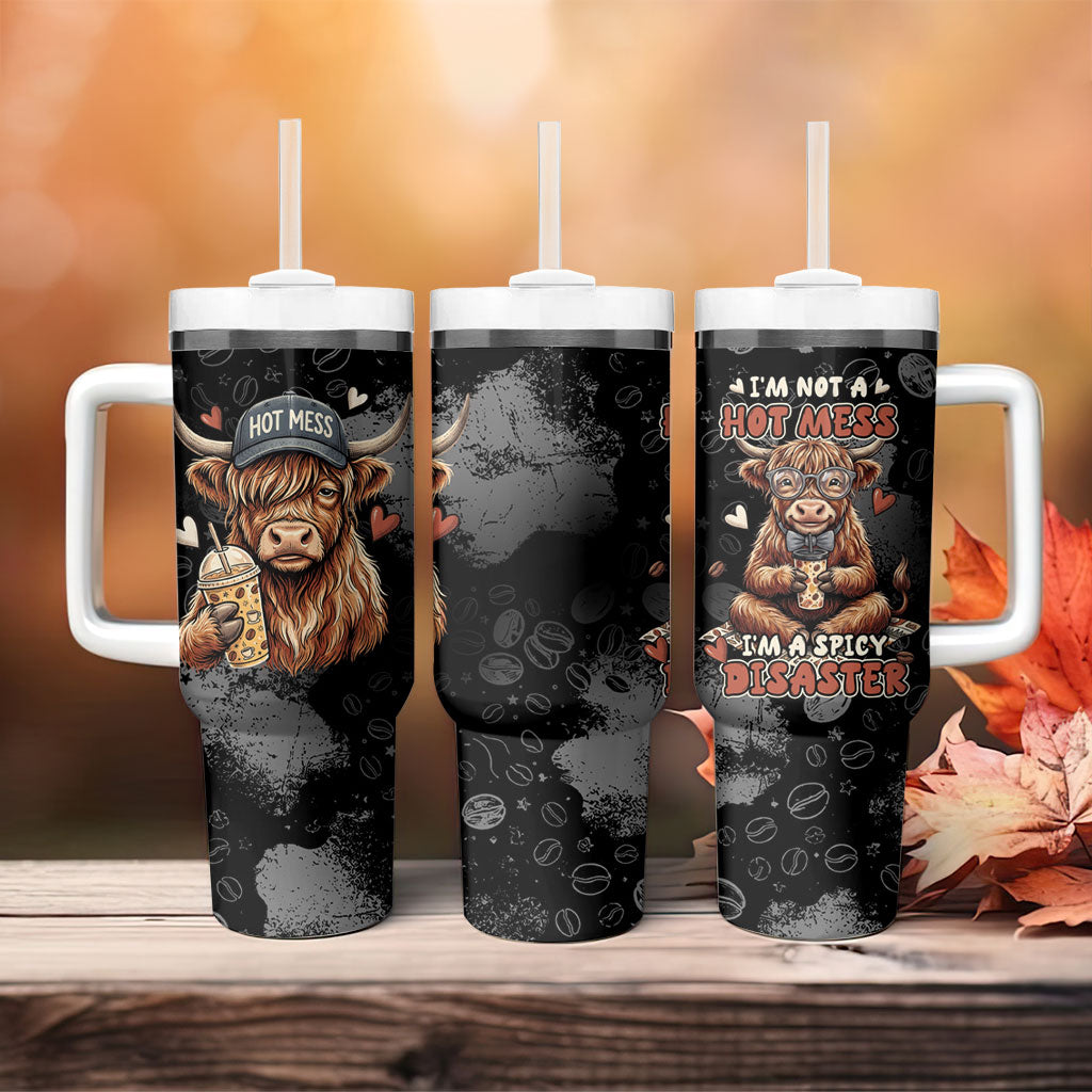 Hot Mess Highland Cow Tumbler With Handle Funny Cute Coffee Lover - Im A Spicy Disaster
