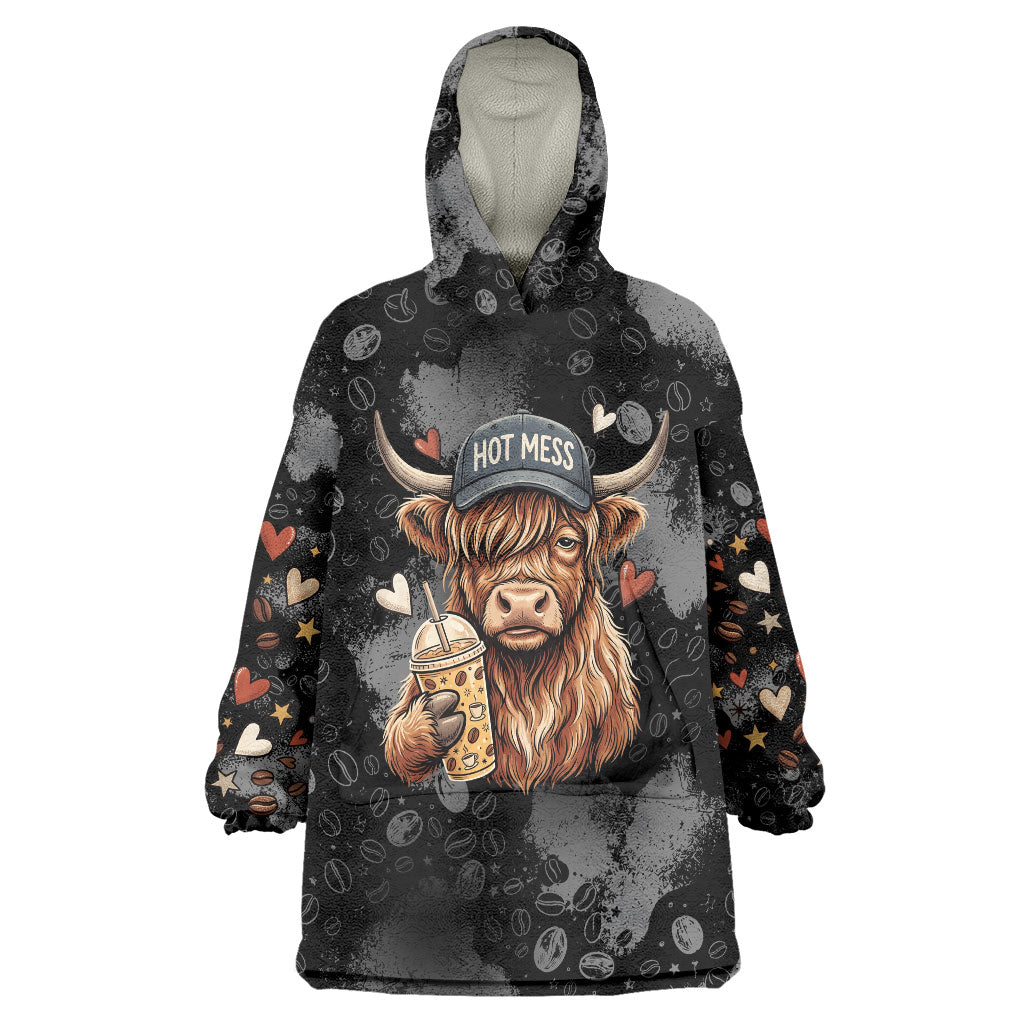 Hot Mess Highland Cow Wearable Blanket Hoodie Funny Cute Coffee Lover - Im A Spicy Disaster