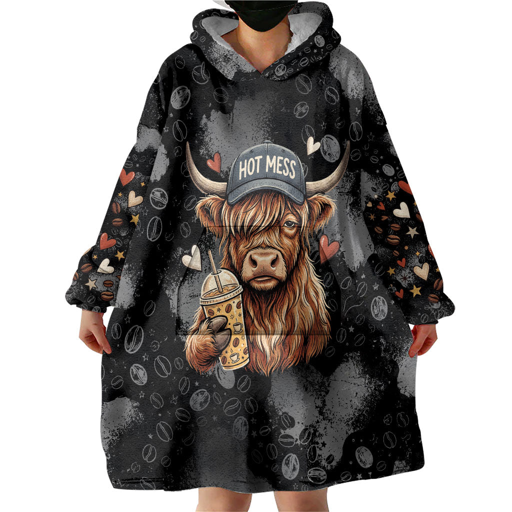 Hot Mess Highland Cow Wearable Blanket Hoodie Funny Cute Coffee Lover - Im A Spicy Disaster