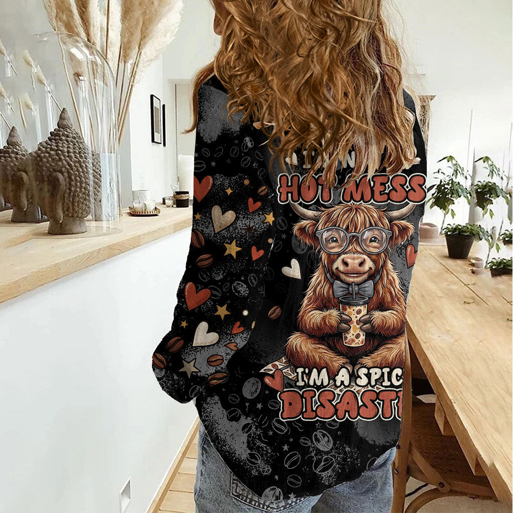 Hot Mess Highland Cow Women Casual Shirt Funny Cute Coffee Lover - Im A Spicy Disaster